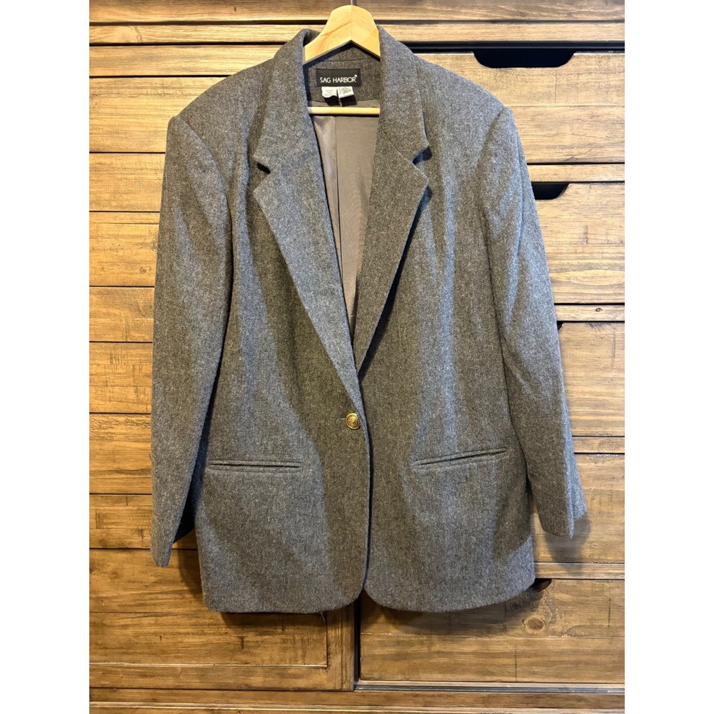 Sag Harbor Vintage 100% Pure Wool Blazer Gray Gold Button‎ Jacket Womens Size 18 - Picture 2 of 5